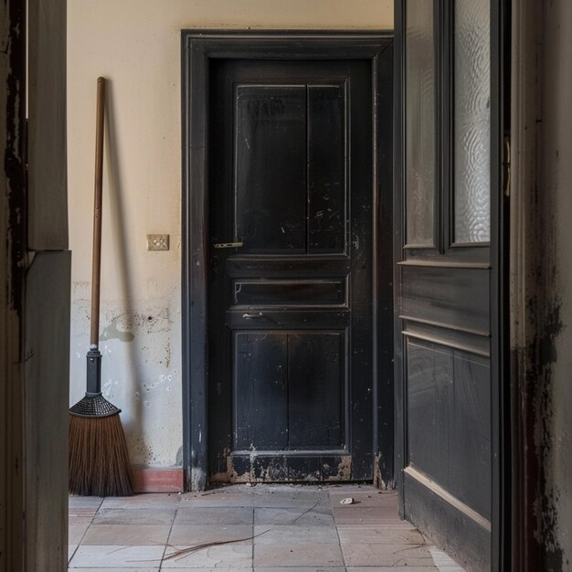 Photo une porte noire avec un balai et un balai dans le coin