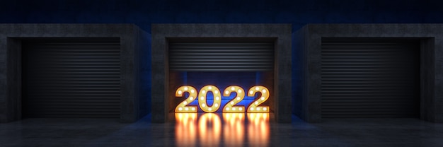 Porte d'obturation ou porte roulante chapiteau lumière 2022 lettre signe Nouvel An 2022 rendu 3d