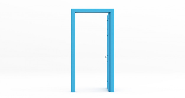 Porte ouverte bleue isolé sur blanc