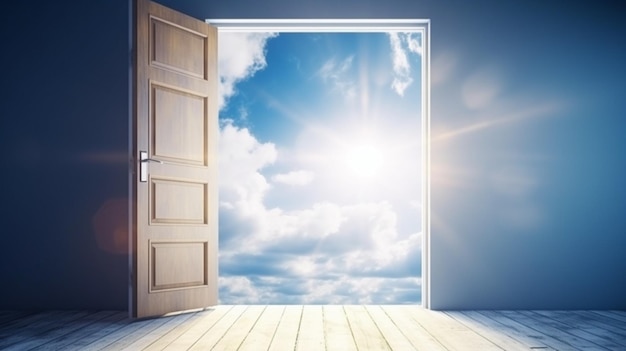 Photo porte ouverte avec ciel bleu et nuages ai générative