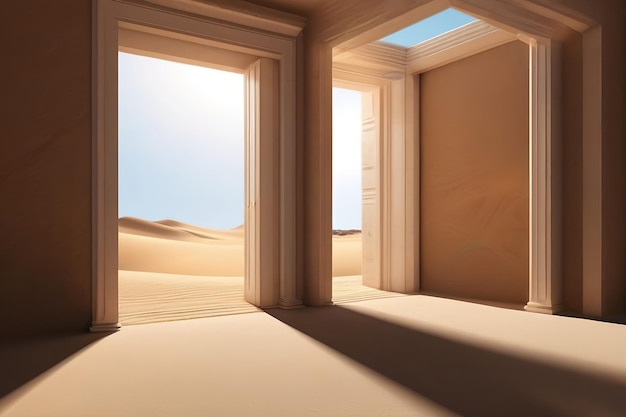Porte ouverte sur le désert Inconnu et concept de démarrage Il s'agit d'une illustration 3D
