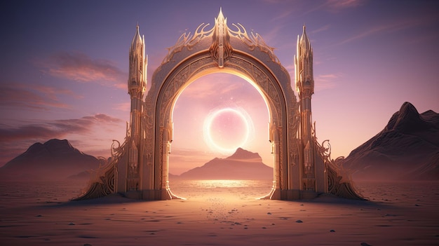 Porte de pierre magique dans le désert avec une étrange lumière néon lumineuse paysage portail futuriste du désert