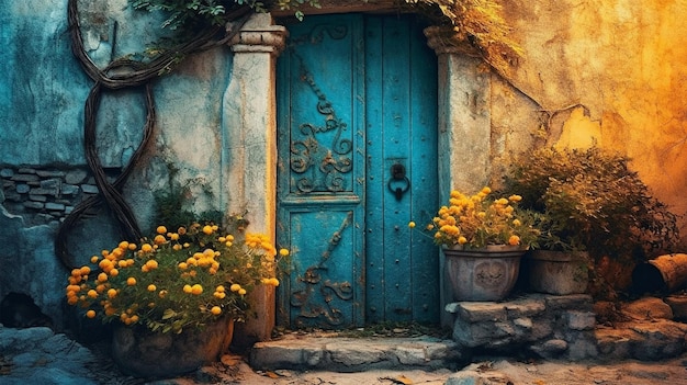 Une porte en pierre avec des plantes et une porte bleue dans le style d'or foncé et de turquoise rêves colorés génératifs Ai