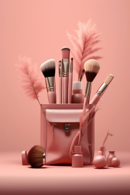 Un porte-pinceaux de maquillage rose avec des pinceaux de maquillage dessus.