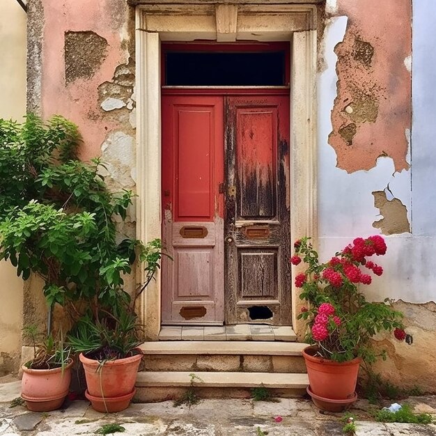 Photo une porte avec une porte rose et des plantes en pot dessus