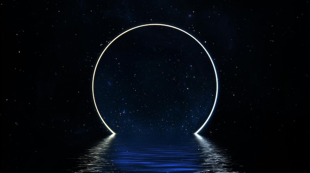 Porte ronde de portail fantastique de scène spatiale, cosmos de portail néon ciel étoilé reflété dans la mer d'eau. Voyage à travers le rendu 3D de la porte du portail lumineux de l'espace