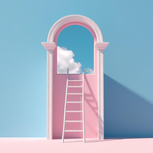 Une porte rose avec une échelle menant à une porte avec un ciel bleu derrière elle.
