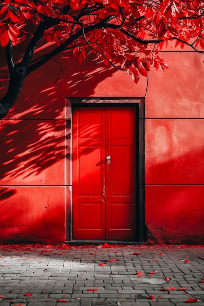 Porte rouge avec arbre en arrière-plan