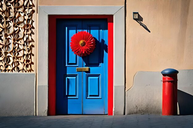 une porte rouge et bleue avec une grande fleur rouge accrochée à elle