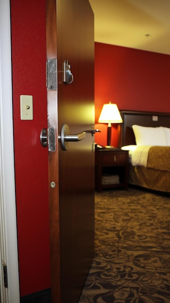 une porte rouge avec un bouton doré est ouverte dans une chambre d'hôtel