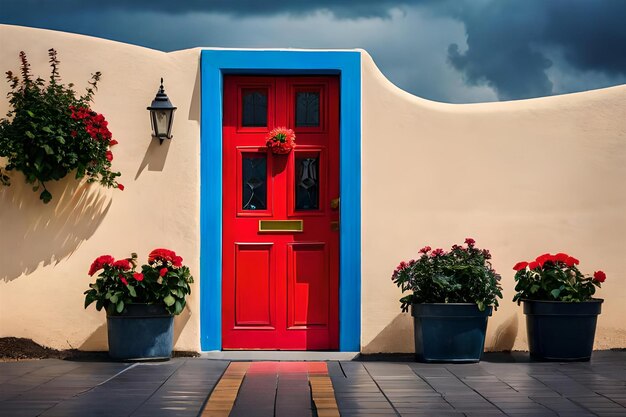 une porte rouge avec des fleurs sur le devant