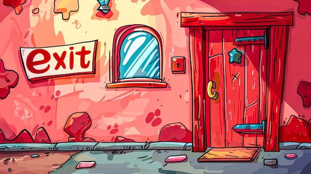 La porte de sortie colorée d'un dessin animé dans une pièce capricieuse