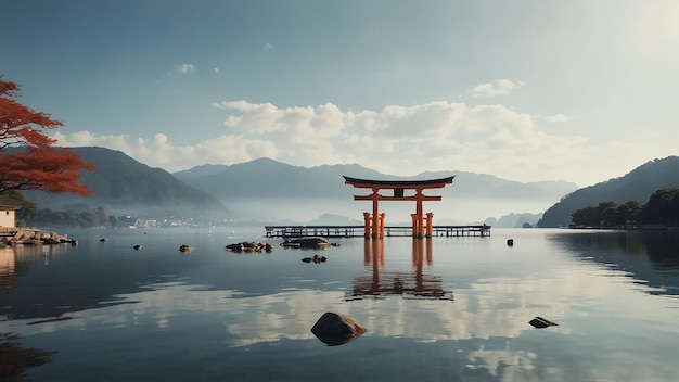 une porte torii est située dans l'eau avec des montagnes en arrière-plan