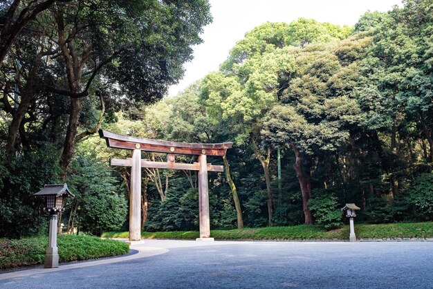 La porte traditionnelle japonaise du sanctuaire shintoiste de Meijijingu à Tokyo, au Japon.