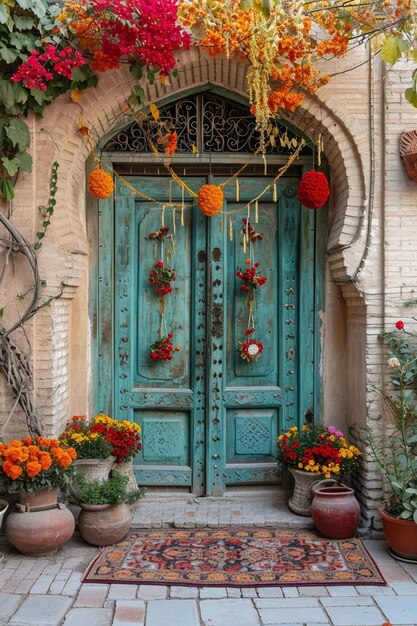 une porte traditionnelle persane ornée de décorations de Nowruz