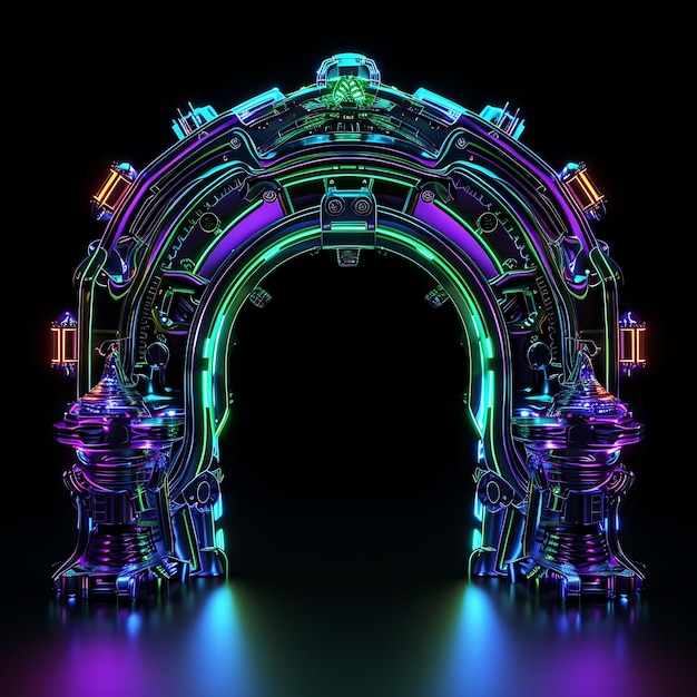 Photo porte de vaisseau spatial extraterrestre avec des symboles extraterrestres et un objet lumineux étrange design artistique au néon y2k