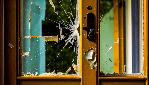 Photo une porte en verre brisée est vue devant la maison jaune.