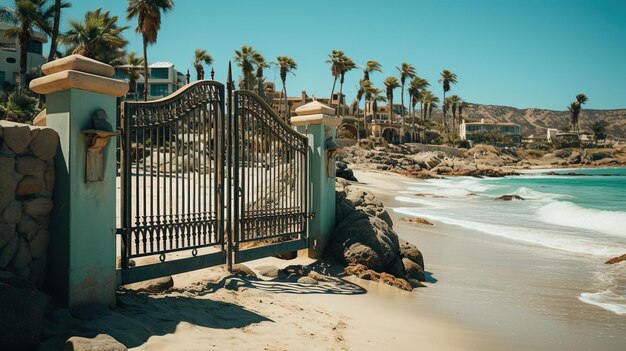 porte vers la mer sur la promenade avec un ciel bleu d'été et quelques fins nuages ai génératif