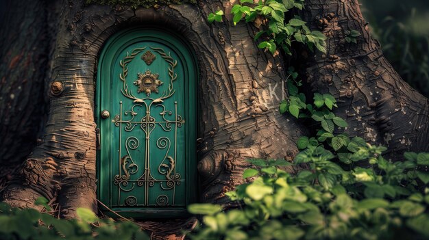 Une porte verte capricieuse avec des pièces métalliques ornées dans un grand arbre entouré de lierre et de feuillage