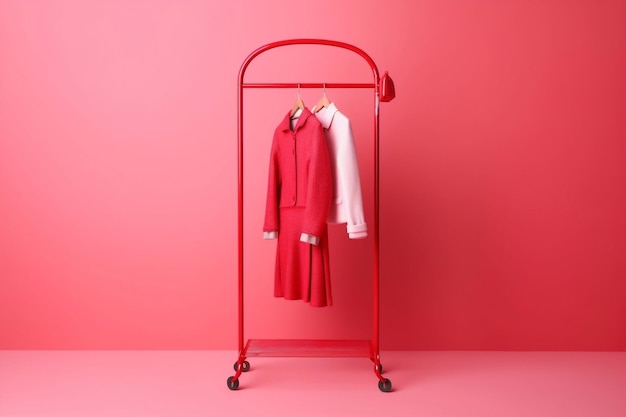 Un porte-vêtements rouge vibrant sur un fond rose