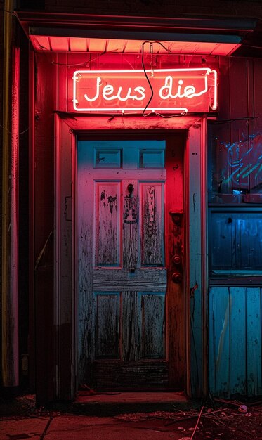 Une porte vintage avec une signalisation lumineuse au néon