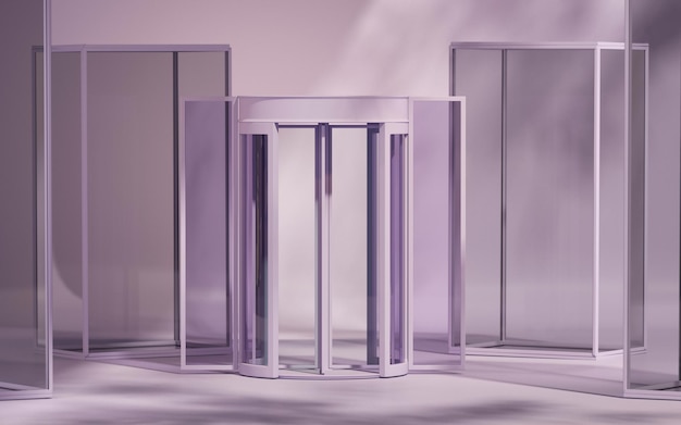 Porte violette et podium abstrait avec pare-soleil Vitrine de scène sur socle en verre studio rendu 3d