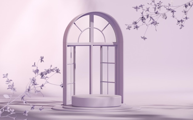 Porte violette et podium abstrait avec pare-soleil Vitrine de scène sur socle en verre studio rendu 3d