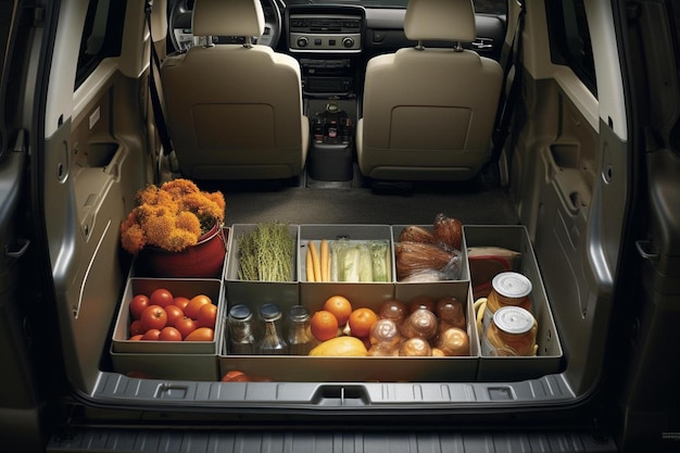 une porte de voiture ouverte avec une boîte de légumes et un bol de légumes.