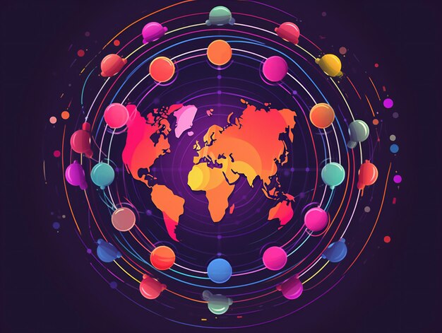 La portée mondiale et la connectivité des podcasts mettant en vedette une carte du monde avec des icônes de podcast ou des ondes audio émanant de différents pays