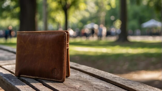 Portefeuille en cuir sur un banc de parc