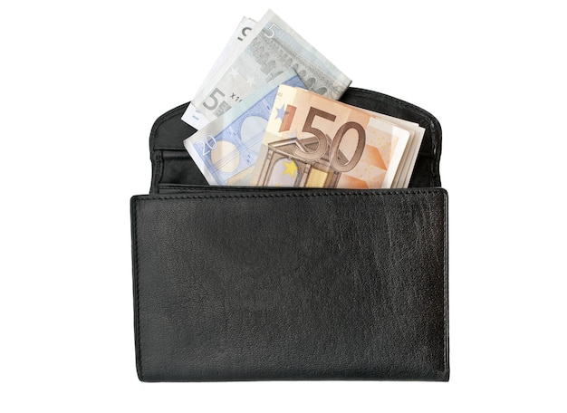 Portefeuille en cuir noir en cuir avec de l'argent des billets en sac à main noir sac à main ouvert avec du papier-monnaie avec de l'argent