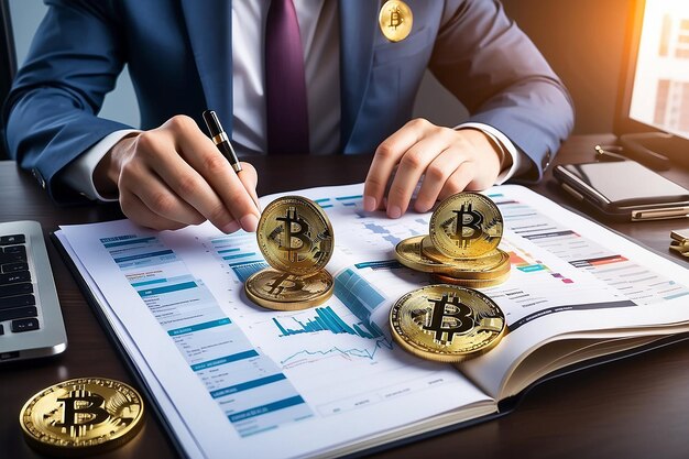 Photo portefeuille d'investissement avec bitcoin ou crypto-monnaie achat ou vente de négociation