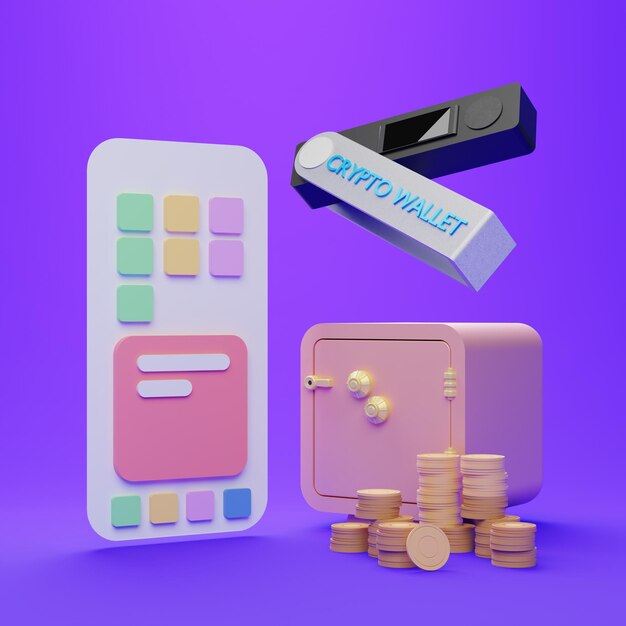 Portefeuille matériel crypto avec des pièces sur fond violet illustration de rendu 3d