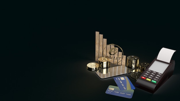 Photo le portefeuille mobile symbole e et pièces d'or rendu 3d pour le concept d'entreprise e.