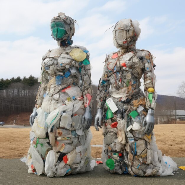 Porter des ordures en plastique Mode en plastique Humain Trop de pollution Manger des ordures Porter du plastique