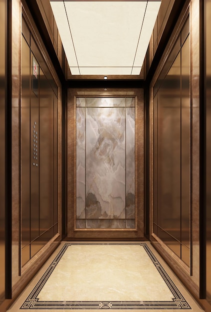 Portes d'ascenseur de mode dorées Couloir de bureau avec cabines d'ascenseur fermées à moitié fermées et ouvertes ascenseur d'immeuble de bureaux rendu 3D image 3D à l'intérieur de l'ascenseur