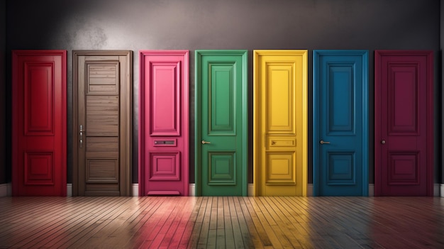 Photo portes en bois debout colorées alignées côte à côte