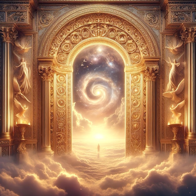 Les portes d'or à l'entrée du royaume des cieux sur les nuages avec une vue sur l'espace