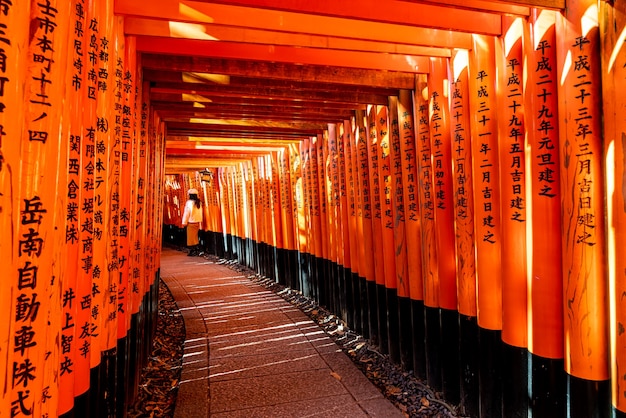 Portes Torii rouges à Fushimi Inari Taisha avec des touristes et des étudiants japonais