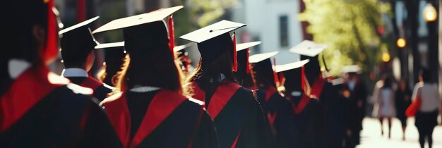 porteurs de casquettes de graduation dans une ligne avec des casquettes rouges