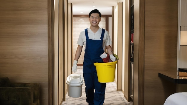 Un portier asiatique joyeux entre dans une chambre d'hôtel avec des provisions dans un seau.