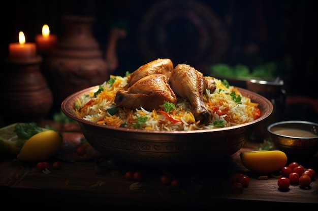 Une portion de biryani avec un bol de poulet et de légumes assaisonnés