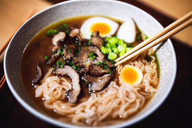 Portion de bol de ramen tonkotsu japonais avec œufs et champignons shiitake