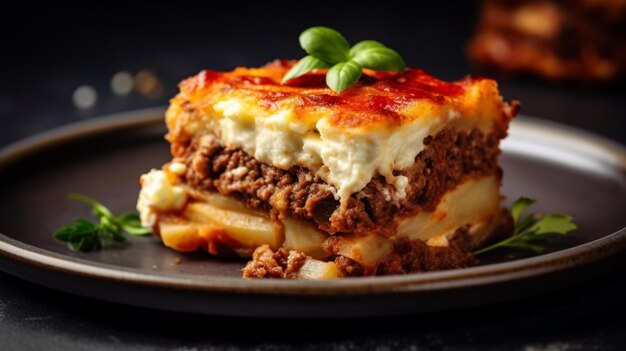 Portion de casserole de pommes de terre et de viande grecque avec moussaka au fromage sur une assiette grise sur un fond sombre