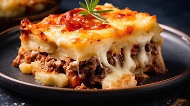 Portion de casserole de pommes de terre et de viande grecque avec moussaka au fromage sur une assiette grise sur un fond sombre