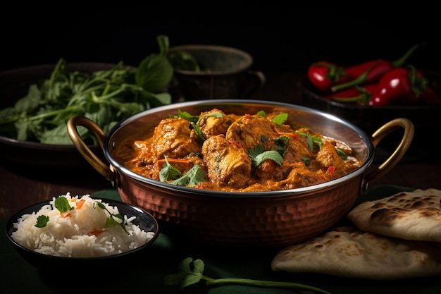 Une portion de curry de poulet sri lankais associé à du riz jaune et du papadum