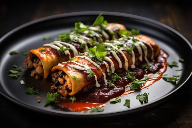 Une portion d'enchiladas végétaliennes aux haricots noirs avec une sauce épicée