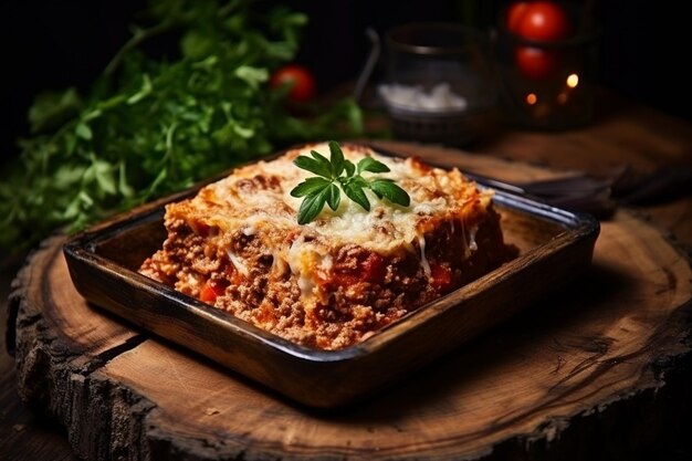 Photo une portion de lasagne avec de la viande hachée et de la sauce bolognaise de tomate dans un plateau en bois