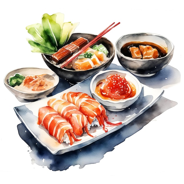 Portion de riz et de sushi avec sauce aquarelle illustration isolée peinte à la main