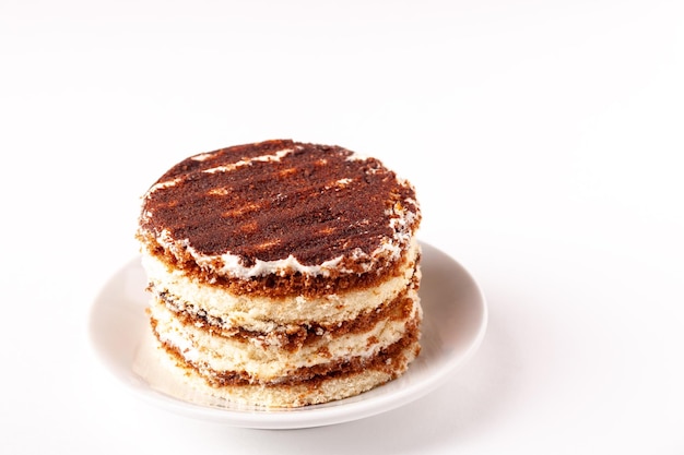 Une portion de tiramisu rond sur fond blanc avec espace de copie